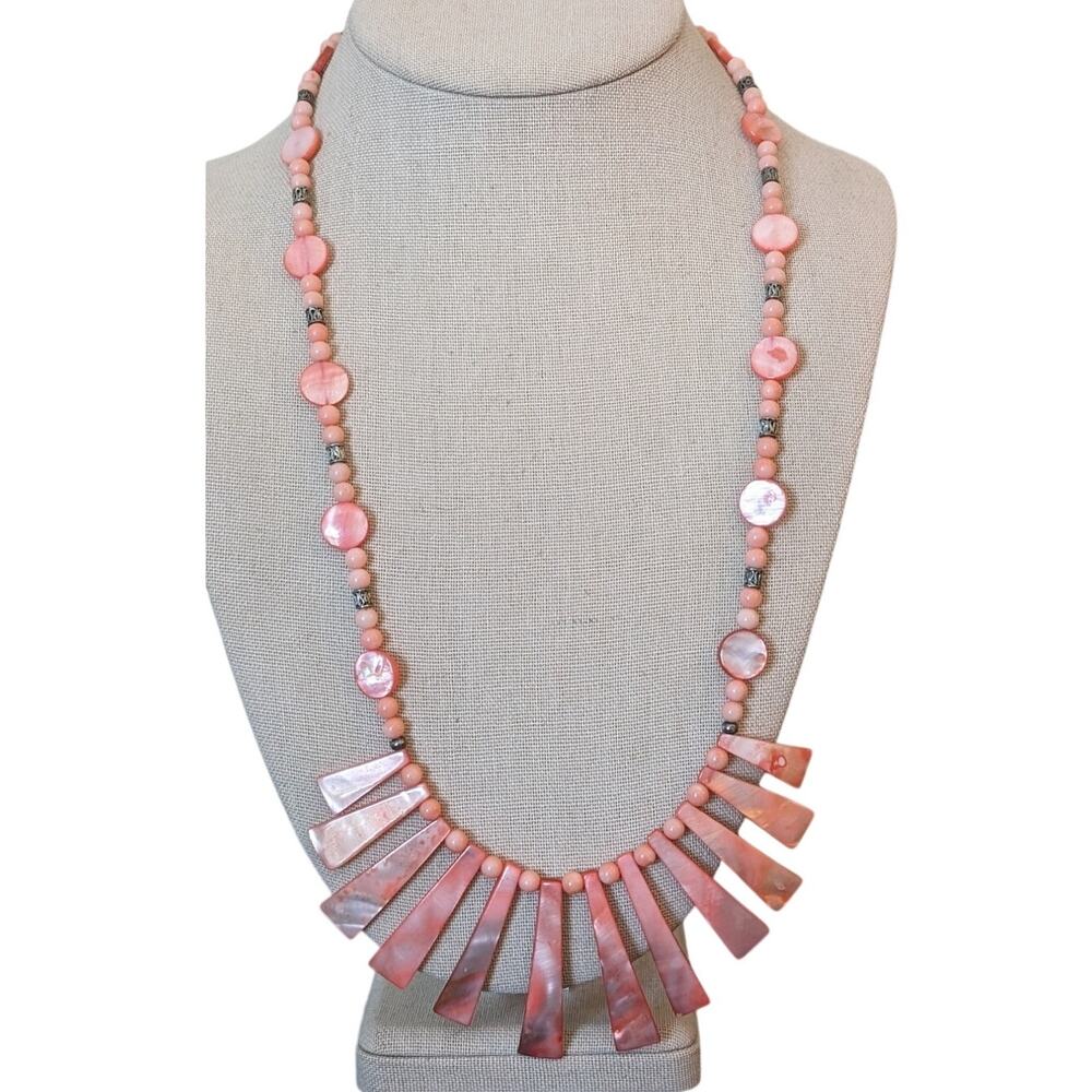 Peach Shell Coral Silvertone Bali Bead Toggle 25" Necklace